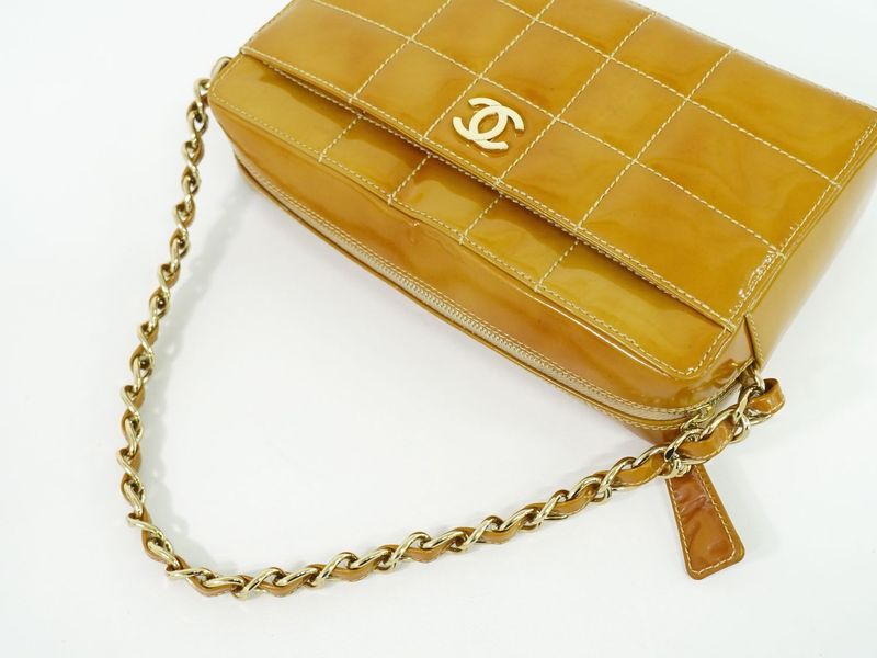 Authentic Chanel Coco Mark Chocolate Bar Chain Handbag Patent Leather Beige