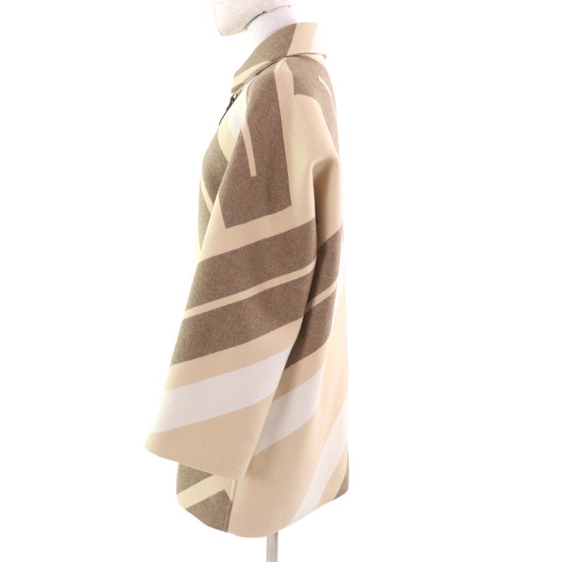 Hermes 22AW 2h0133di Wool Silk Blend Leather Zip Raglan Sleeve Mosaic Coat