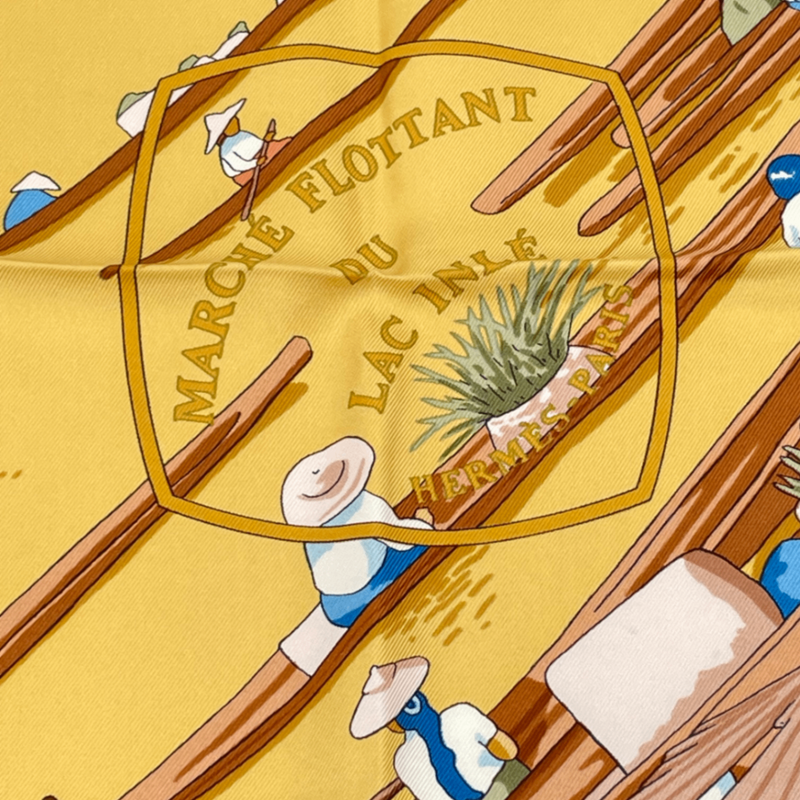 Hermes Scarf Carre 90 Orange Beige Lake Floating Market 100% Silk Marche