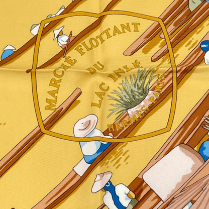 Hermes Scarf Carre 90 Orange Beige Lake Floating Market 100% Silk Marche