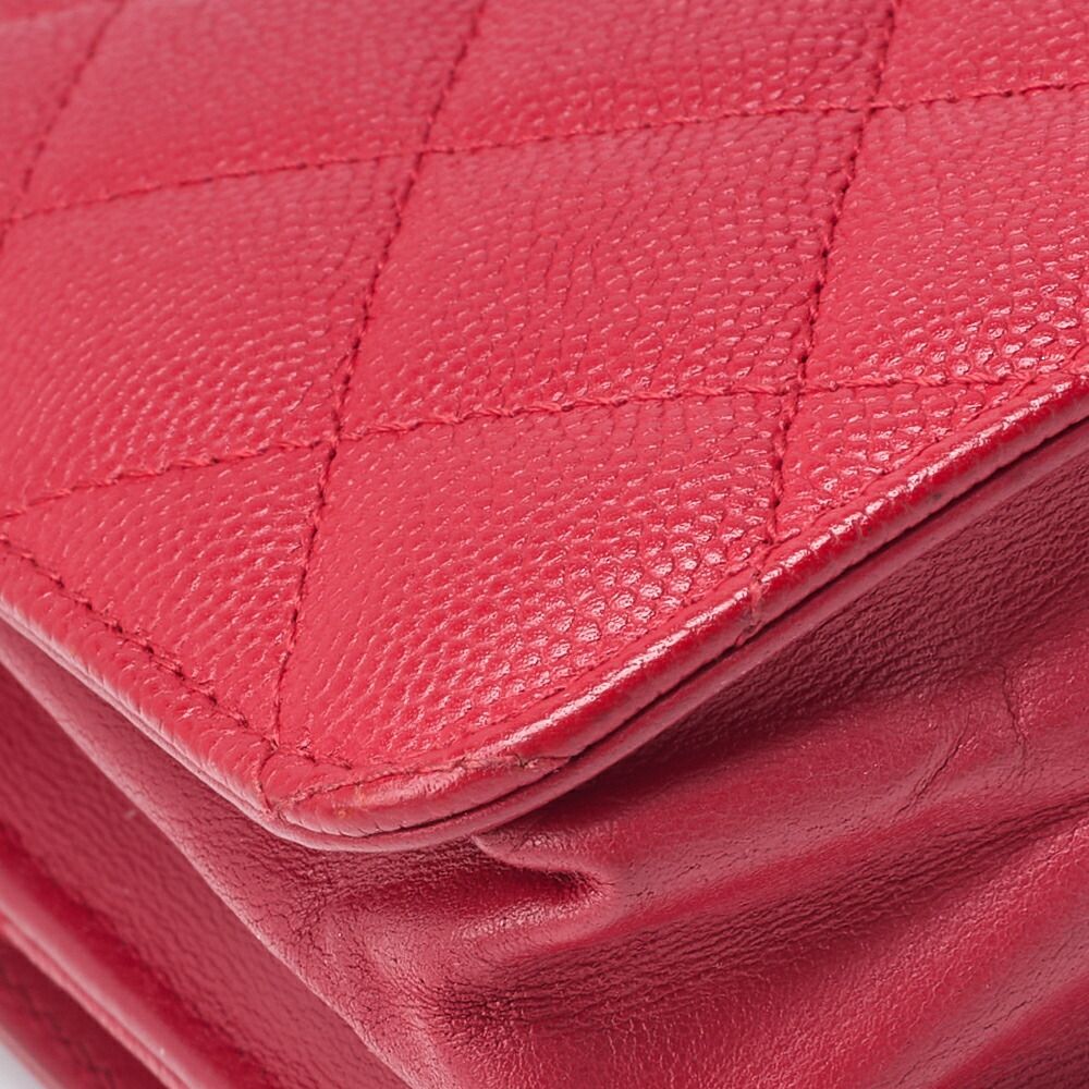 Chanel Shoulder Bag Chain Wallet Matelasse Caviar Skin CC Filigree Red Gold