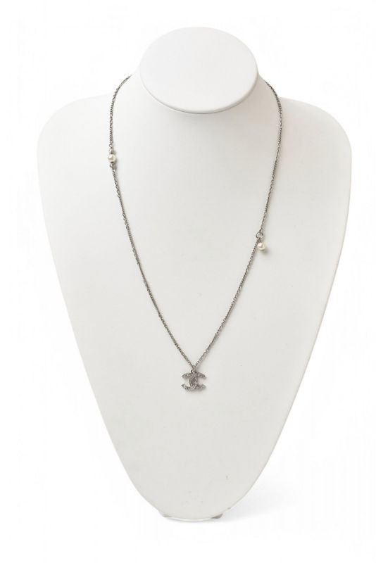 Chanel Necklace Pendant 2way Chanel Coco Mark CC Rhinestone Pearl Motif Silver