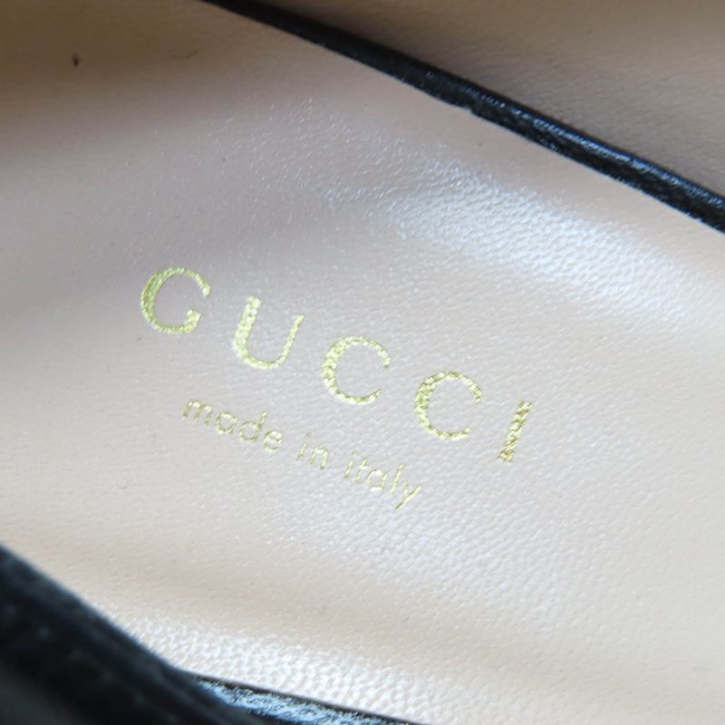 Gucci 750490 Belt Design Almond Toe Thick Sole Leather Pumps Black 37.5 Made In