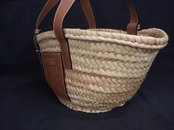 Loewe Anagram Basket Bag Raffia X Leather Handbag Tote Women Brown Fp7236