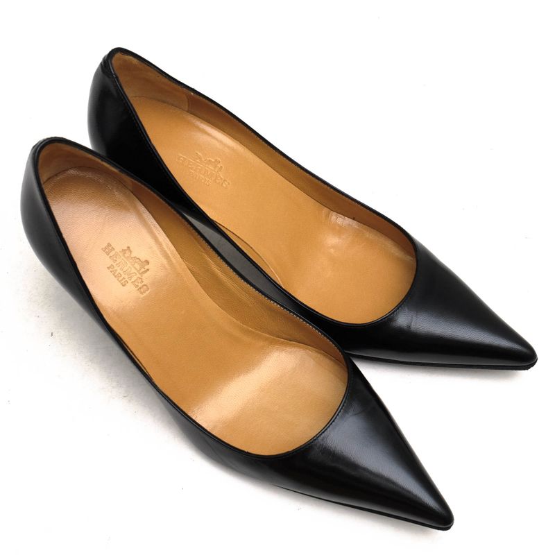 Hermes Pumps Shoes Women Leather Genuine Black Pointed Toe