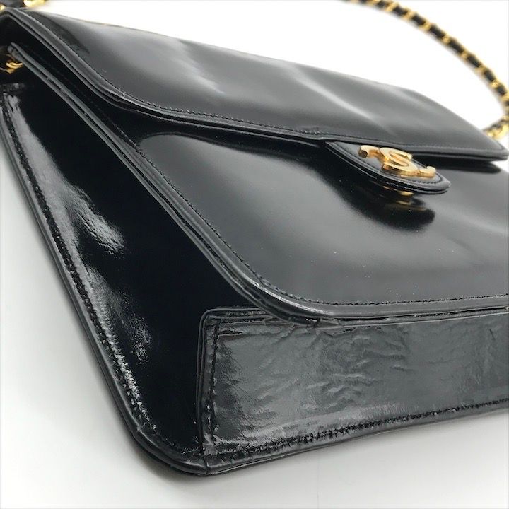 Chanel CC Logo Patent Push Lock Chain Shoulder Bag Black Purse