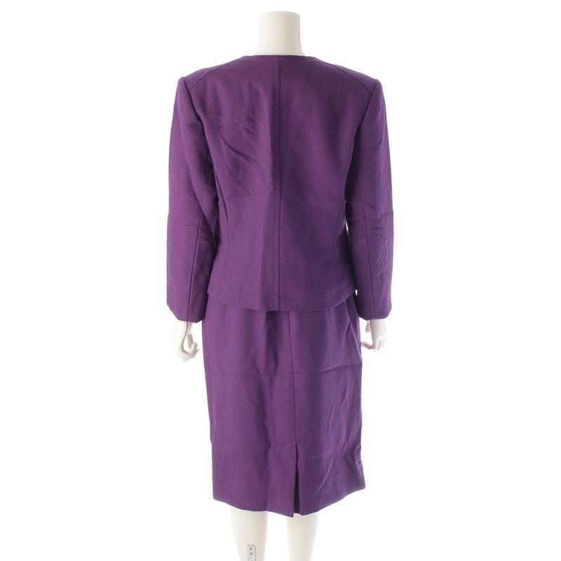 Hermes Wool Toggle T Bar Hardware Collarless Jacket Skirt Setup Purple Gold