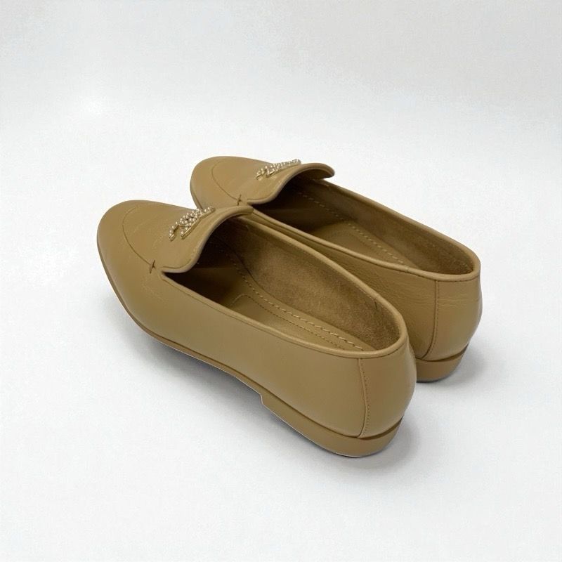 Chanel Loafer Leather Shoes Leather Beige Unused Here Mark Pearl
