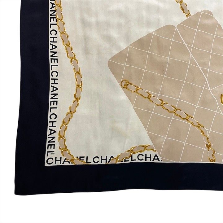 Chanel CC Logo Quilted Scarf Silk Black Beige Large