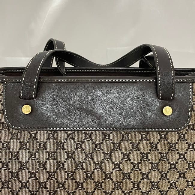 Celine Handbag Beige Brown Macadam Excellent Condition Canvas Leather