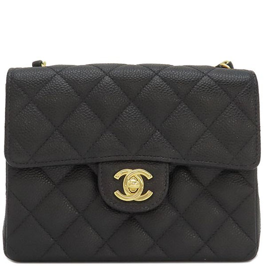 Chanel Shoulder Bag Mini Matelasse Caviar Skin Black Gold Hardware Chain