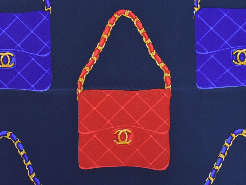 Authentic Chanel Bag Motif Scarf Shawl Bandana Silk Red Navy Multicolor