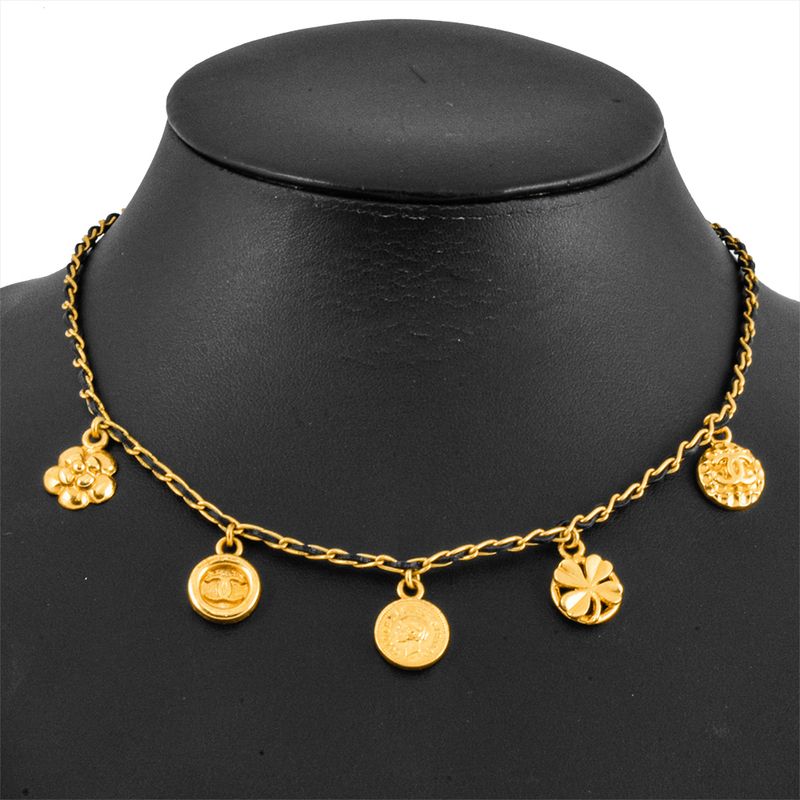 Chanel Choker Necklace Metal Leather 96 P Engraved Gold Coco Mark Coin Medal