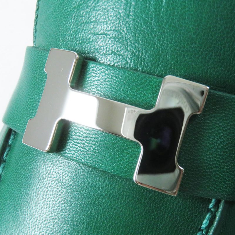 Hermes Moccasins Paris Constance Silver Hardware Leather Loafers Green 37 With