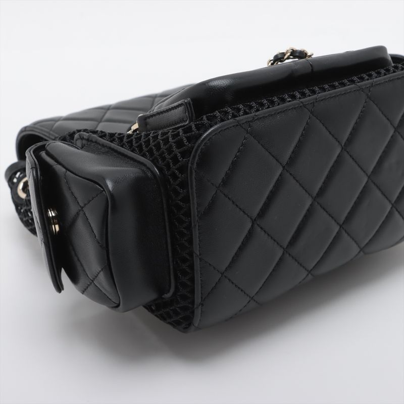 Chanel Quilted Lambskin Chain Backpack Mesh Black Gold Random Plate