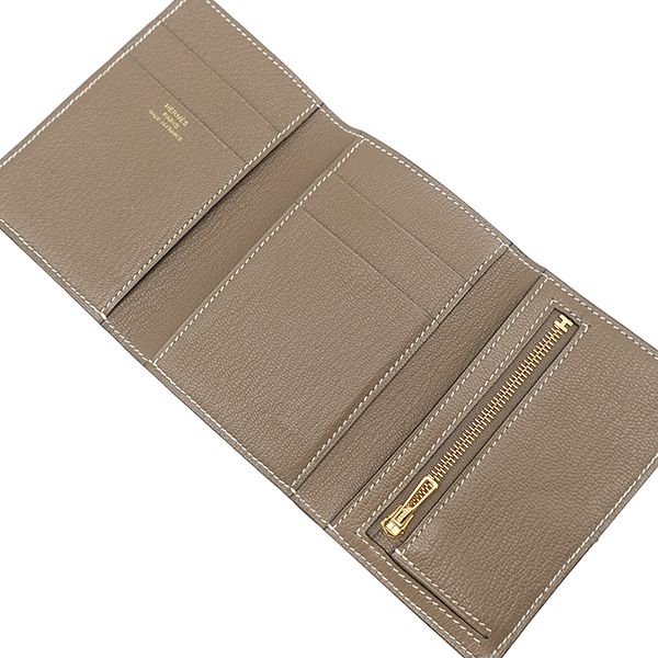 Hermes Trifold Wallet Bearn Combine Chèvre Etoupe Gold Hardware Glazed U