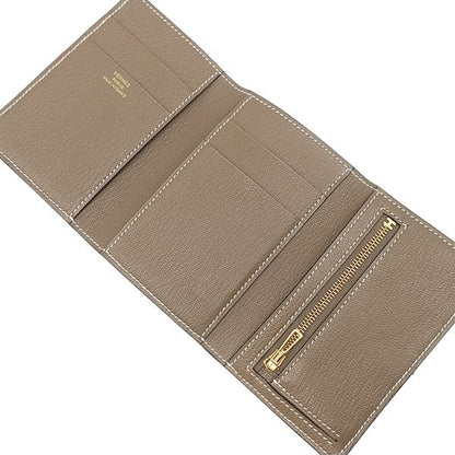 Hermes Trifold Wallet Bearn Combine Chèvre Etoupe Gold Hardware Glazed U