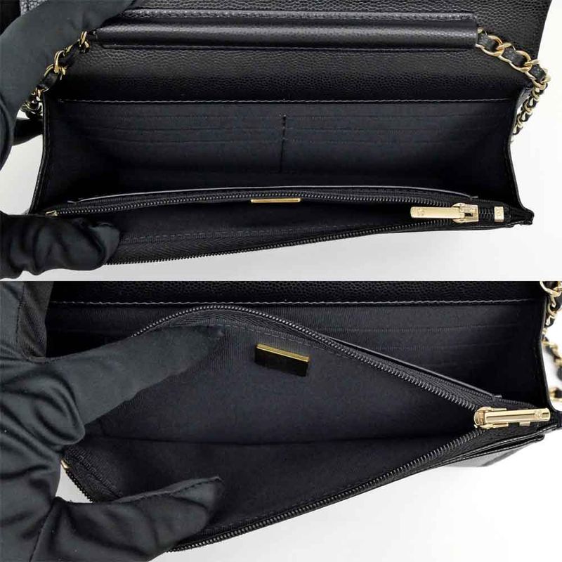 Chanel Chain Wallet Ap4653 Grained Shiny Calfskin Black Gold Hardware