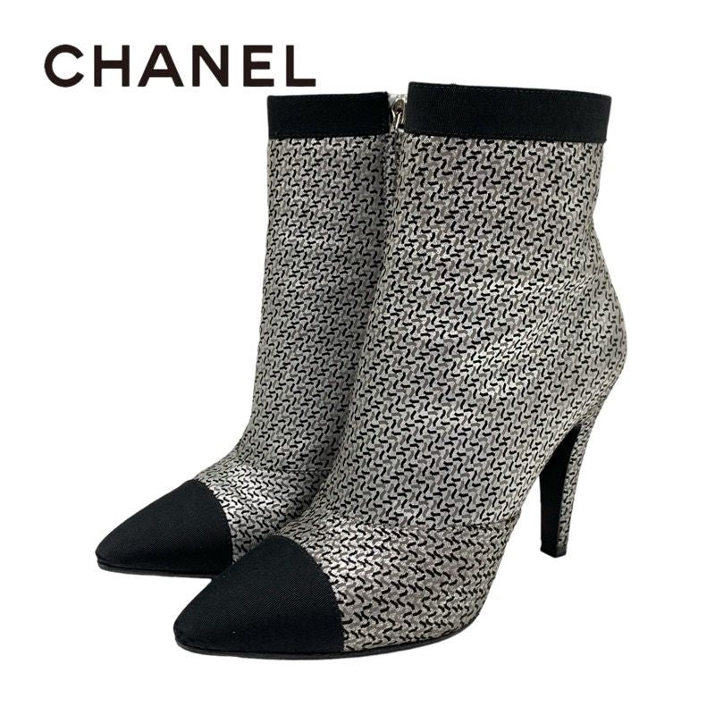 Chanel Boots Short Boots Shoes Fabric Leather Silver Black Logo