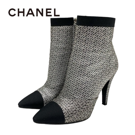 Chanel Boots Short Boots Shoes Fabric Leather Silver Black Logo