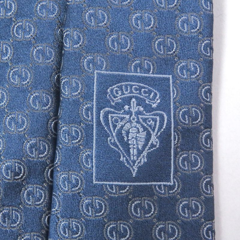 Gucci 100% Silk GG Logo All-over Pattern Cles Str Wide Tie Light Blue Made In
