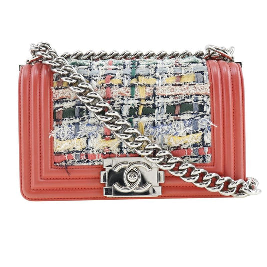 Chanel Boy Chanel Chain Shoulder Tweed And Calf Red Ladies Shoulder Bag
