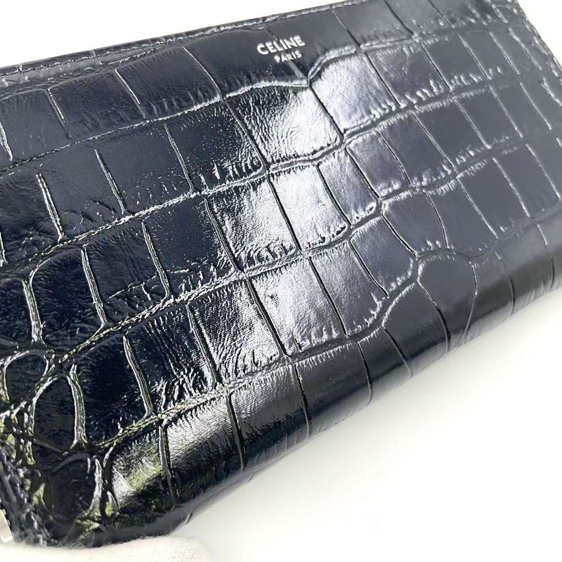 Celine Logo Leather Round Zip Leather Black Wallet Silver