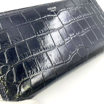 Celine Logo Leather Round Zip Leather Black Wallet Silver