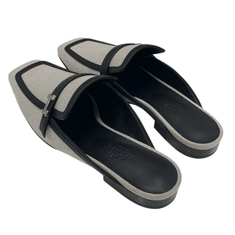 Hermes Groupie Flat Shoes Canvas Leather Black Unused Mule Slipper Sandals