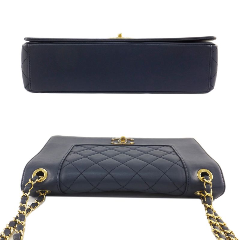 Chanel Matelasse Mademoiselle Chain Shoulder Bag Navy Gold Hardware