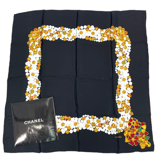 Chanel Accessory-patterned Scarf Silk Black With Box