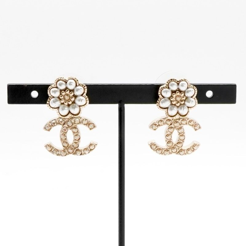 Chanel Earrings Earring Gold White Coco Mark Flower Rhinestone
