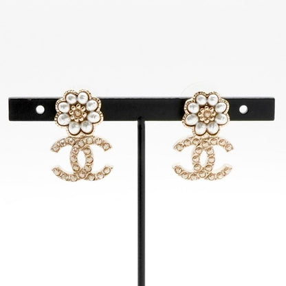 Chanel Earrings Earring Gold White Coco Mark Flower Rhinestone