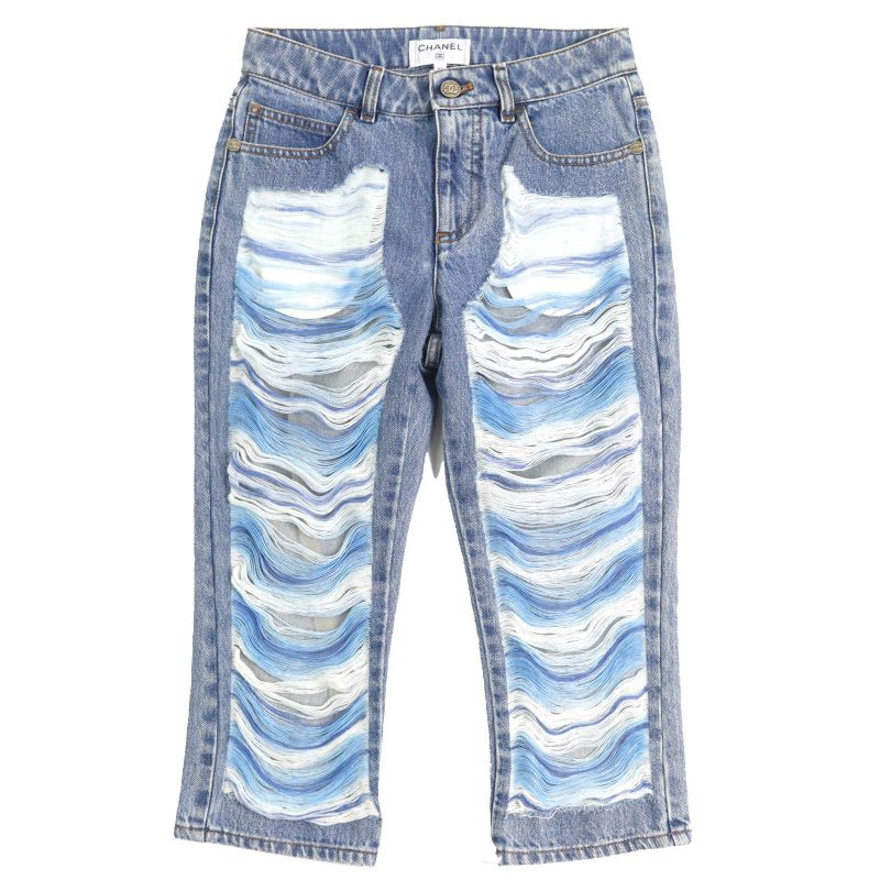 CHANEL P60217v46019 100% Cotton Coco Mark Button Damaged Tulle Cropped Denim