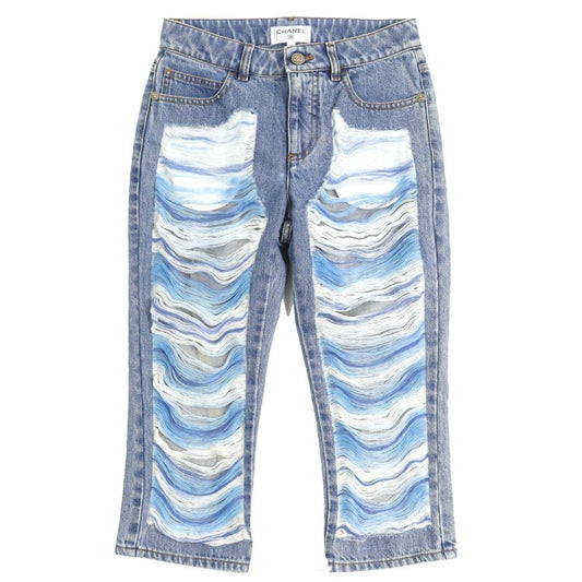 CHANEL P60217v46019 100% Cotton Coco Mark Button Damaged Tulle Cropped Denim