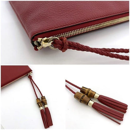 Gucci Clutch Bag Red Bamboo 449653 Excellent Condition Pouch Leather