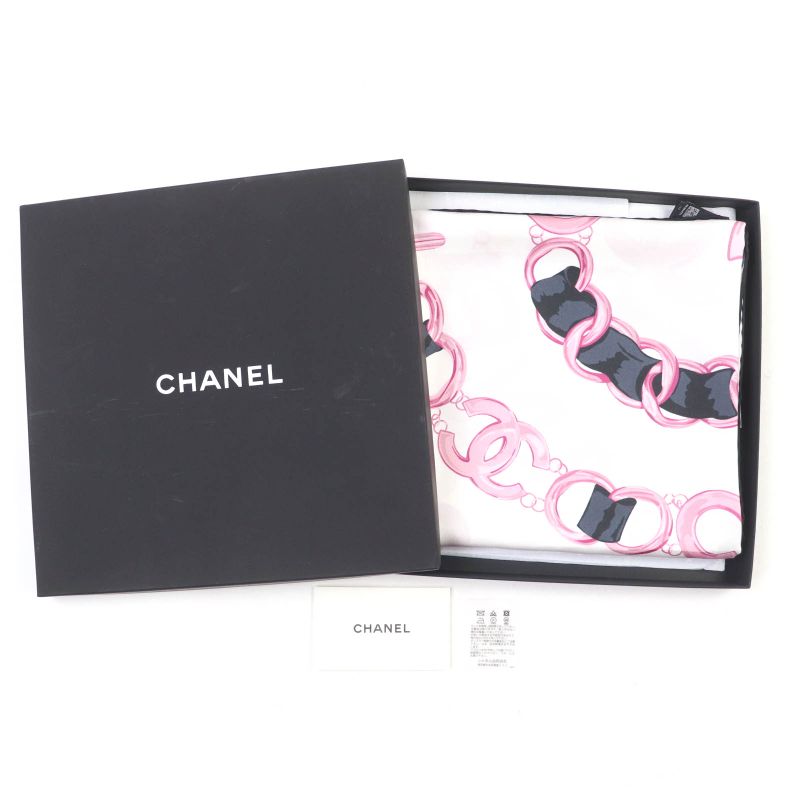 CHANEL 100% Silk Coco Mark Chain Belt Pattern Scarf White Pink With Box Made In