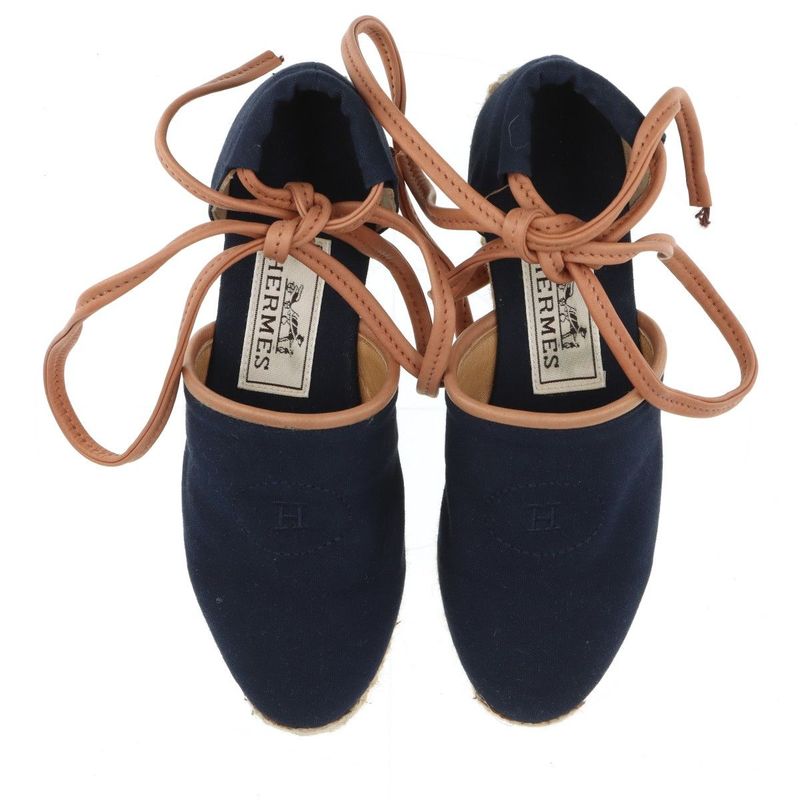 Hermes Canvas And Leather Espadrilles Women's 34 Navy Made In Spain