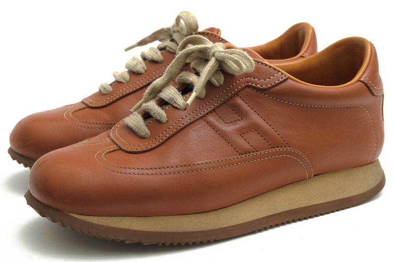 Hermes Shoes Sneakers Shoes Low Cut Ladies Women Leather Genuine Brown Quick H