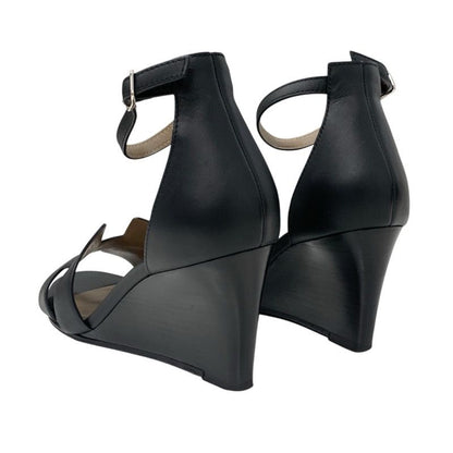 Hermes Legend Sandals Shoes Leather Black Wedge Sole Ankle Strap