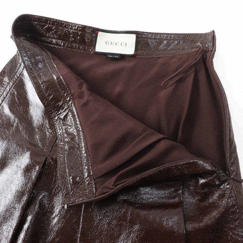 Gucci 410797 Lamb Leather 100% Silk Lining Horsebit Skirt Brown Gold Hardware
