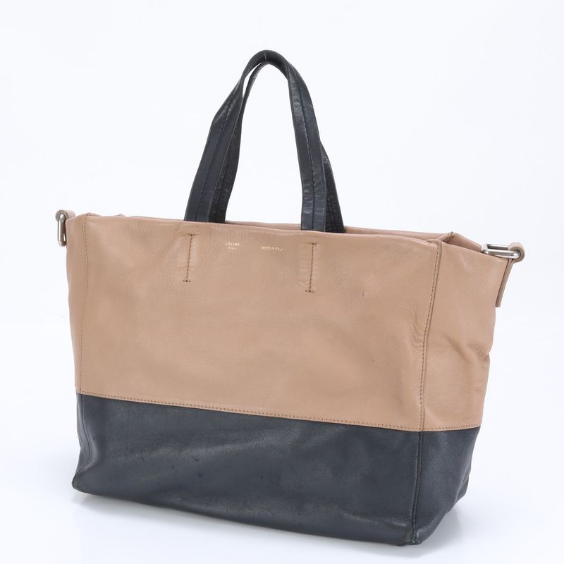 Celine Horizontal Hippo Leather Tote Bag Shoulder Hand Beige Black Bicolor