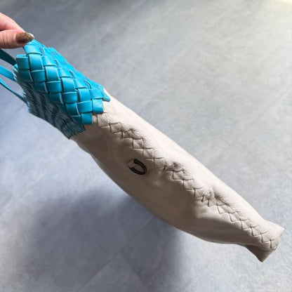 Bottega Veneta Intrecciato Leather Tote Handbag Bicolor Light Blue Ivory A4