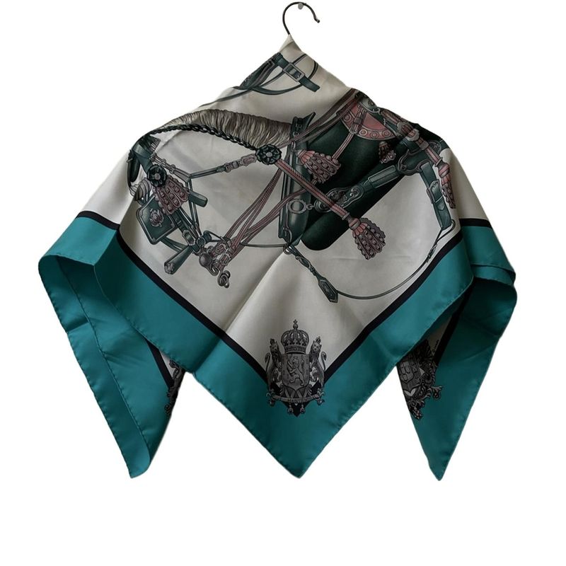 Hermes Scarf Carré 90 White Green And Pink Harnais DE COUR / Harness Silk