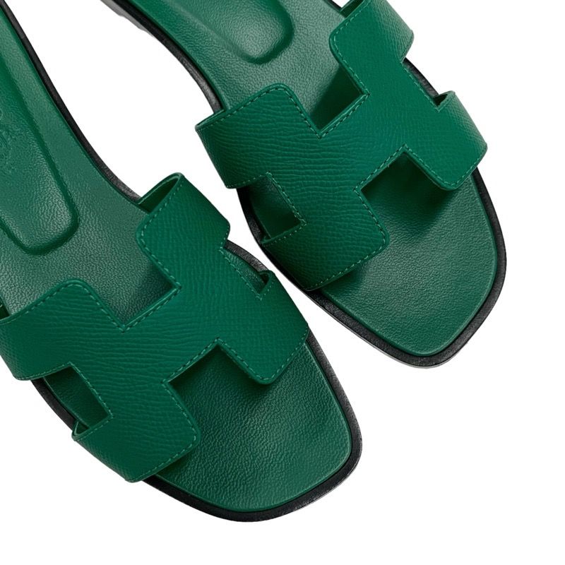 Hermes Oran Sandals Shoes Leather Green Flat Sandals Mules