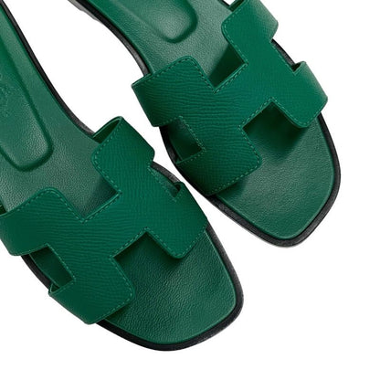 Hermes Oran Sandals Shoes Leather Green Flat Sandals Mules