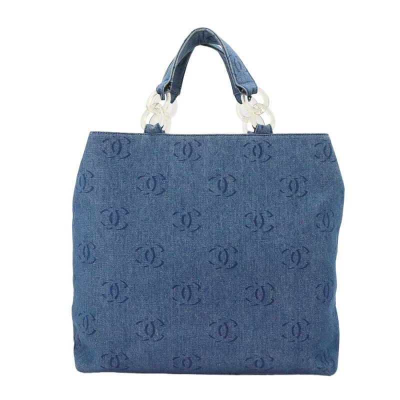 Chanel Plastic Chain Tote Bag Denim Blue Vintage Silver Hardware Coco Mark Tote