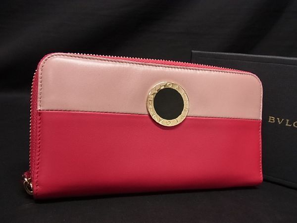 Bvlgari Leather Round Zipper Long Wallet Coin Purse Ladies Pink Al5168