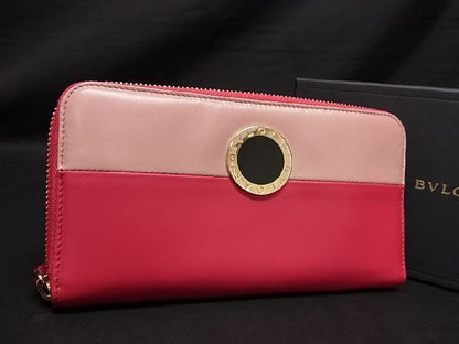 Bvlgari Leather Round Zipper Long Wallet Coin Purse Ladies Pink Al5168