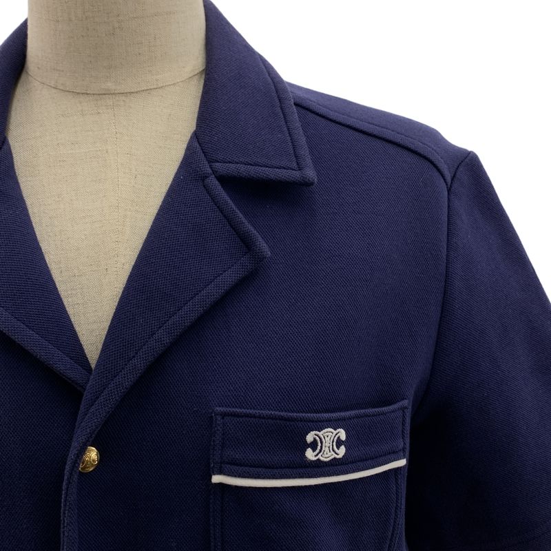 Celine - Triomphe Logo Slit Open Collar Shirt - M - Navy - Women's